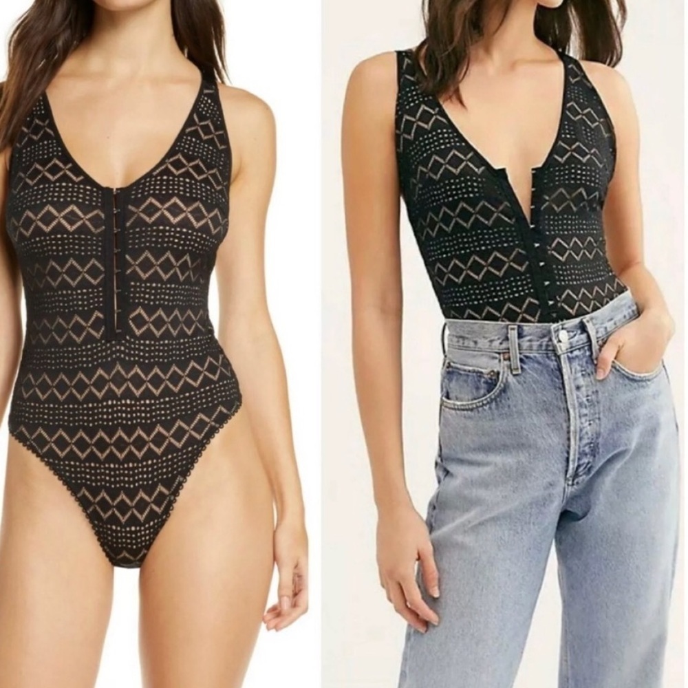 NEW Free People Thank You Never Black/Nude Flirty Boho Knit Bodysuit